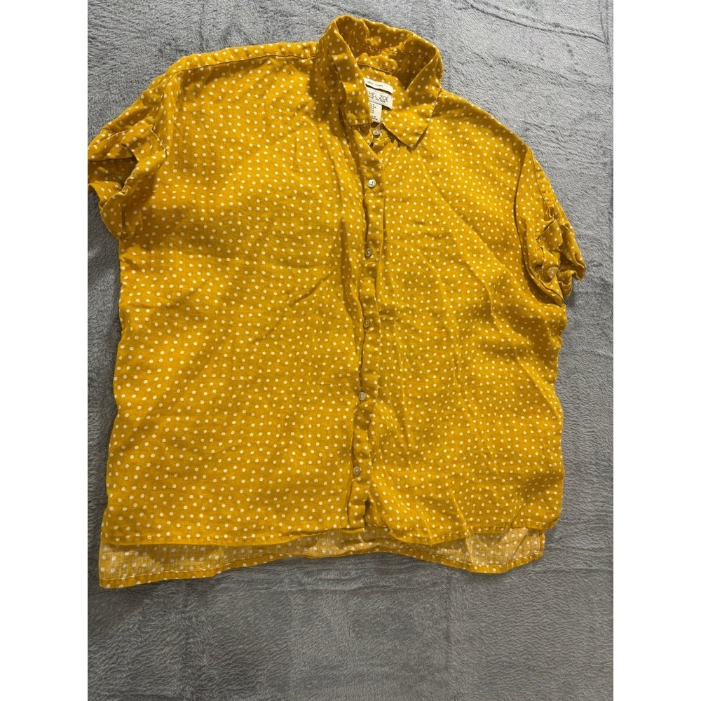 Rachel Zoe Linen Blouse Women Small Yellow Polka Dot Button Front Short Sleeve - Picture 3 of 9
